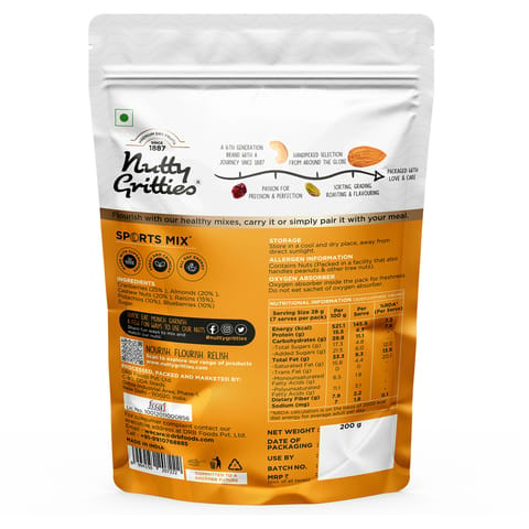 Nutty Gritties Sports Mix - Roasted Almonds, Cashews, Pistachios, Dried Blueberries, Cranberries and Raisins - 200g