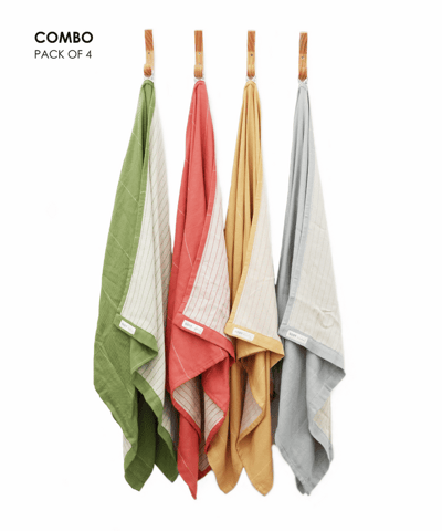 Doctor Towels Aloevera Double Cloth Bath Towel (75 x 150 cm) Pack of 4 - Aloe Green, Apricot Brandy, Frosted Grey & Sunset Gold