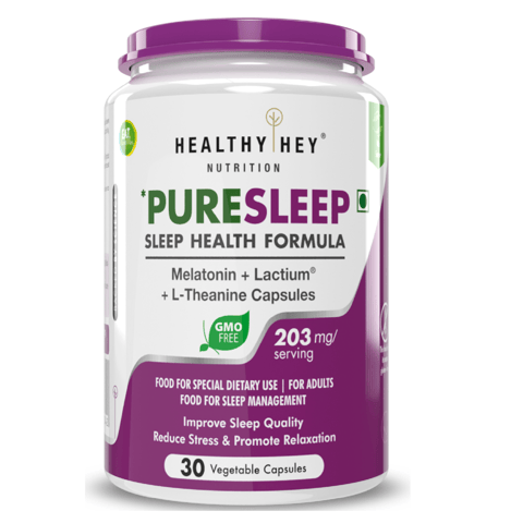 HealthyHey Nutrition PureSleep Bedtime - Herbal Supplement with Melatonin, Lactium & L-Theanine (30 Vegan Capsules)