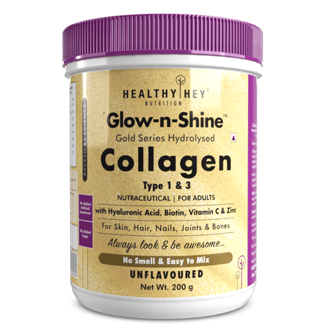 HealthyHey Nutrition Skin Support - Glow-n-Shine Collagen Power 200g | Hydrolysed Collagen for Women and Men with Hyaluronic Acid, Biotin and Vitamin C for Healthy Skin, Hair and Nails - (Unflavoured, 200gm)