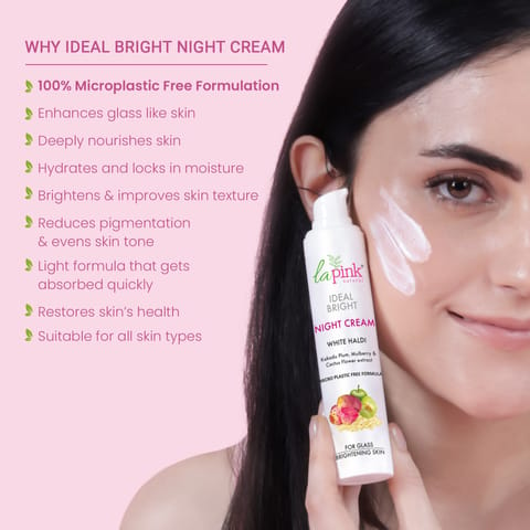 La Pink Ideal Bright Night Cream | 100% Microplastic Free Formula | For Glass like Brightened skin, Evens Skin Tone | All Skin Types (50 gms)