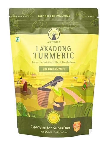 Arusha Lakadong Turmeric Powder (300 gms) | Lab Tested 7.5-10% Curcumin | Superfood From Jaintia Hills Meghalaya | High Curcumin Haldi Powder | Aromatic, Flavourful with Natural Oils | Chemical Free