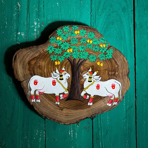 Scrapshala | Pichwai Nandi Under the Tree Wooden Log Plate | Pichwai art | Hand-painted | Upcycled | Salvage