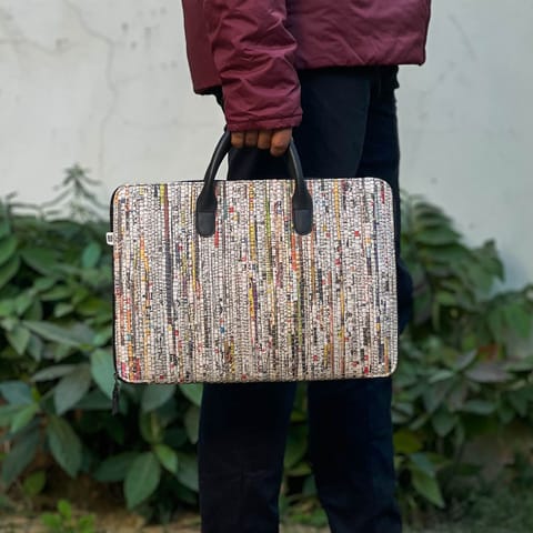 Scrapshala | Minimalist Laptop Bag | Upcycled Paper | Flexible Tube Handle | Handloom Textile