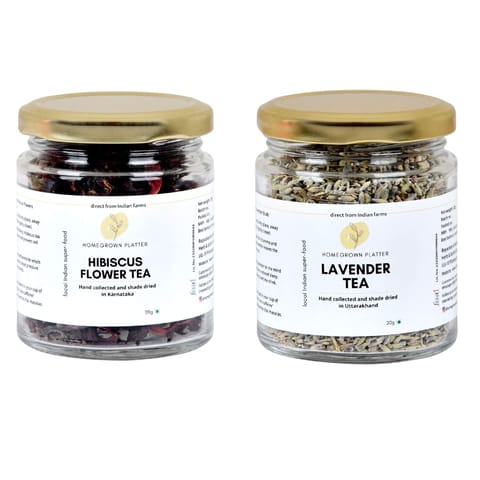 Homegrown Platter Hibiscus Roselle Tea | Lavender Bud Tea | 20 gms | COMBO Pack of 2 | Herbal Teas, Caffeine-free | Iced Tea, Cocktails | Good Sleep | Immunity
