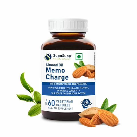 SupaSupp Almond Oil Memo Charge by Sri Sri Tattva | Improves Memory, Enhances Longevity, Supports Nervous System | Vitamin E | Health Supplement | (60 Veg Capsules)