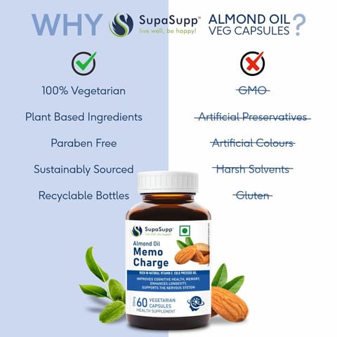 SupaSupp Almond Oil Memo Charge by Sri Sri Tattva | Improves Memory, Enhances Longevity, Supports Nervous System | Vitamin E | Health Supplement | (60 Veg Capsules)