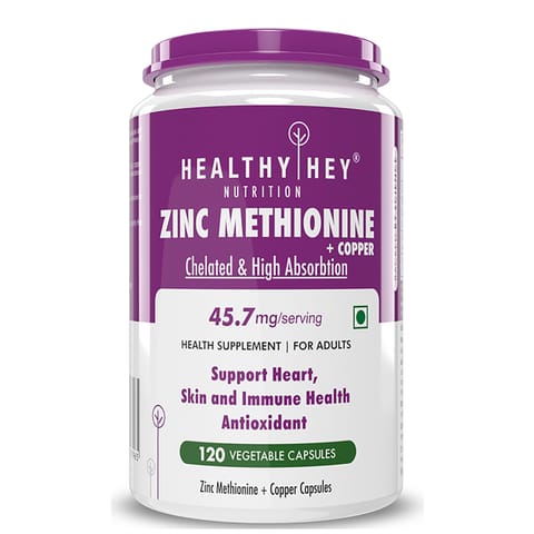 HealthyHey Nutrition Zinc Methionine Plus Copper - Supports Immune Health (120 Veg Capsules)